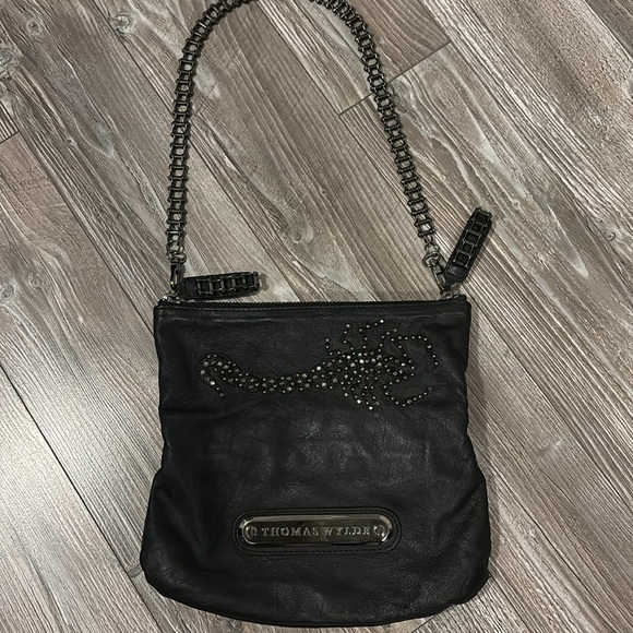 Vintage THOMAS WYLDE Motor Chain SCORPION Black Leather Shoulder Bag Purse - Picture 5 of 13